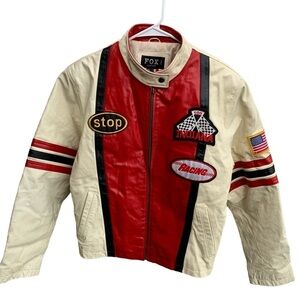 Fox Indiana White Red Leather Racing Jacket Biker Motorcycle Varsity Coat Sz XL